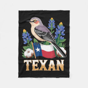 Texan Mockingbird TX Flag Bluebonnet Cotton Pride Fleece Blanket