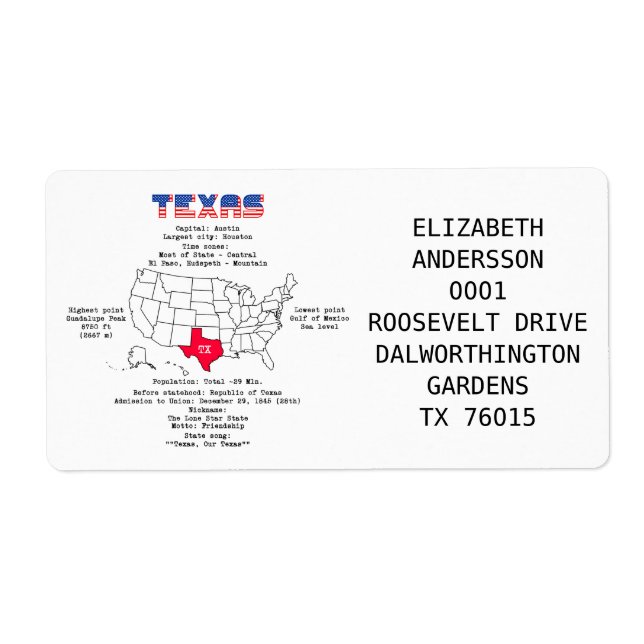 Texas American state on a map and useful info (Front)