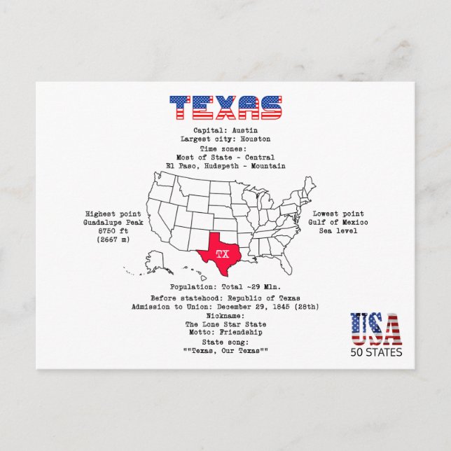 Texas American state on a map and useful info Holiday Postcard (Front)