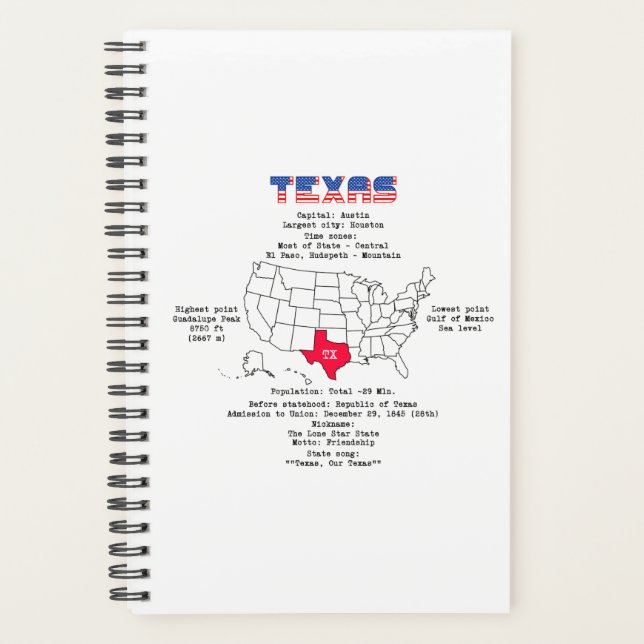 Texas American state on a map and useful info Planner (Front)