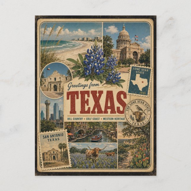 Texas Authentic Vintage Style Postcard (Front)