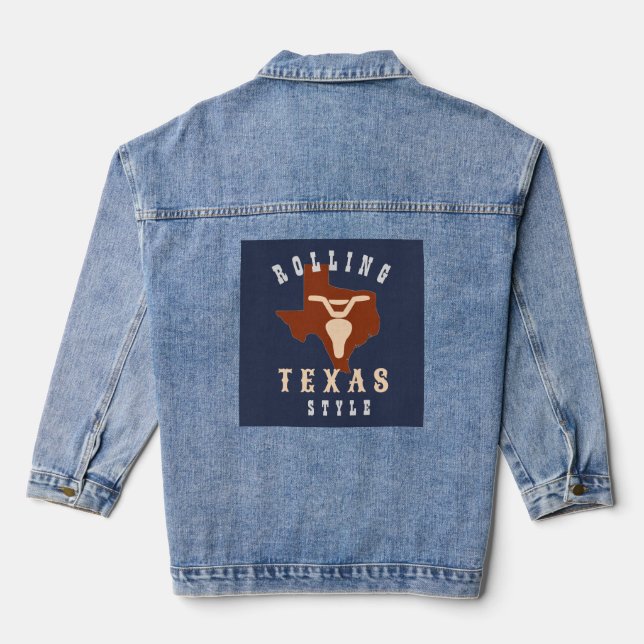 Texas Bike Steer Rolling Texas Style Denim Jacket (Back)