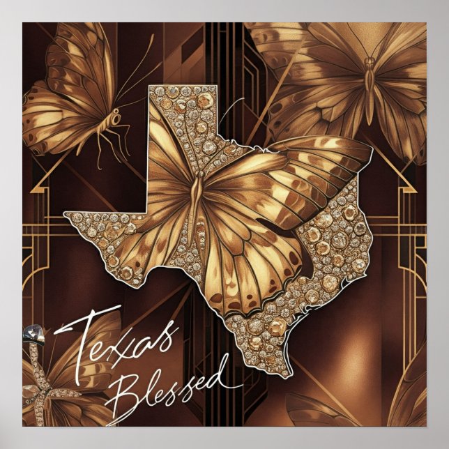 Texas Blessed: Golden Butterfly Art Deco Collage Poster (Front)