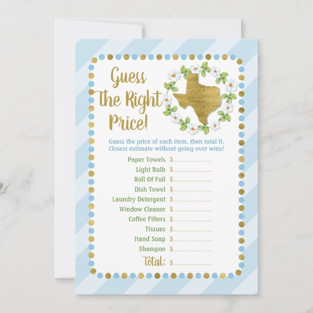 Texas Blue Gold Guess The Right Price Bridal Game (Front)