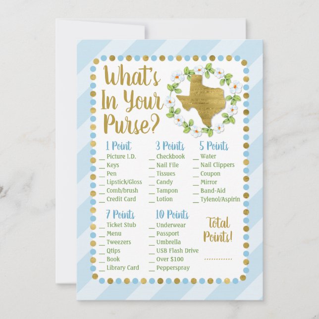 Texas Blue Gold What's In Your Purse Shower Game (Front)