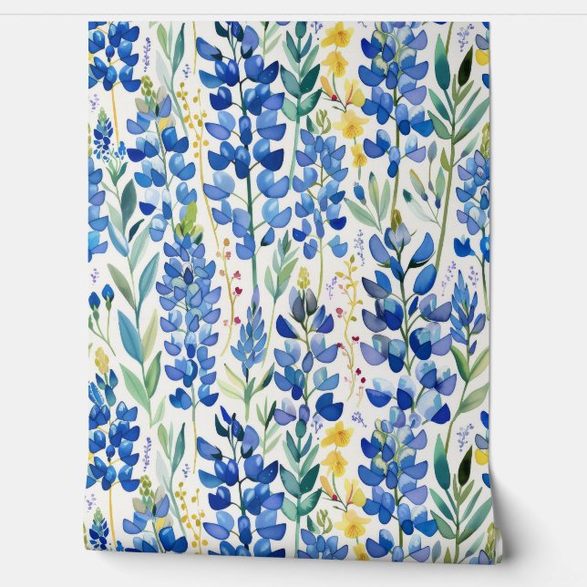 Texas Bluebonnet Blue Wildflower Pattern Wallpaper (Unrolling)