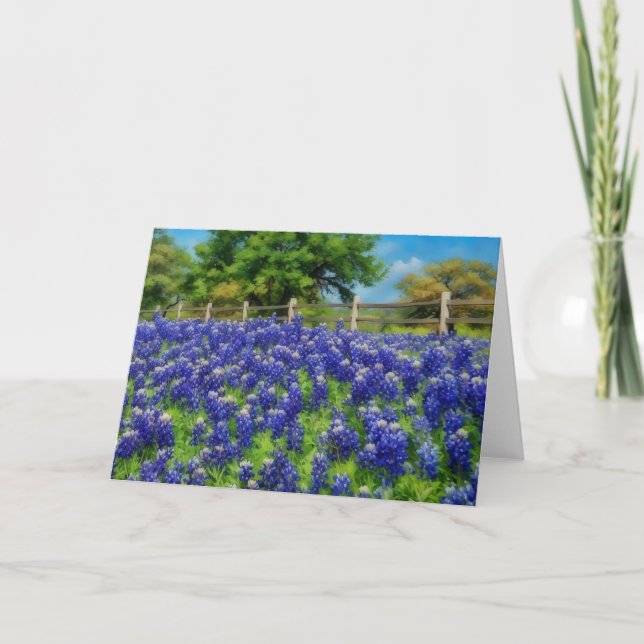 Texas Bluebonnet Hill Country Fence Art Note Card (Front)