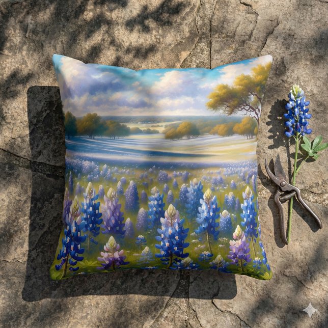 Texas Bluebonnet Meadow Landscape Cushion (Texas Bluebonnet Meadow Landscape Throw Pillow Mockup A)