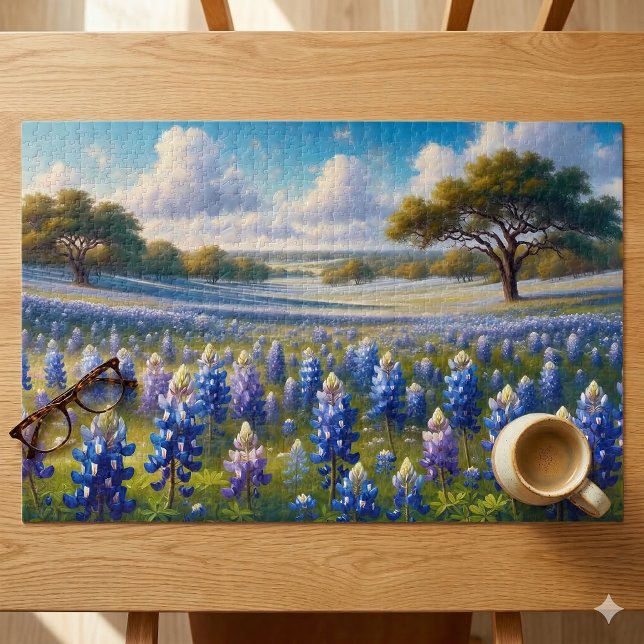 Texas Bluebonnet Meadow Landscape Jigsaw Puzzle (Texas Bluebonnet Meadow Landscape Jigsaw Puzzle On Table)