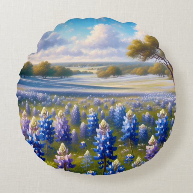 Texas Bluebonnet Meadow Landscape Round Cushion (Front)