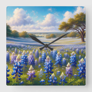 Texas Bluebonnet Meadow Landscape Square Wall Clock