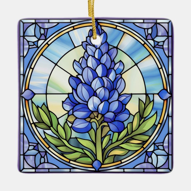 Texas Bluebonnet Stained Glass Design Ceramic Ornament (Front)