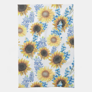 Texas Bluebonnet & Sunflower Watercolor Tea Towel