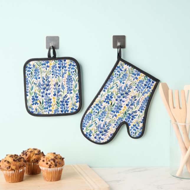 Texas Bluebonnet Wildflower Pattern Oven Mitt & Pot Holder Set (Insitu(Hanging))