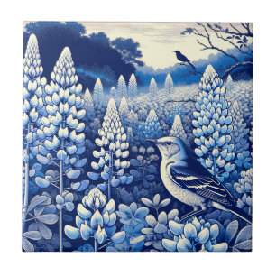 Texas Bluebonnets and Northern Mockingbird Texan   Ceramic Tile
