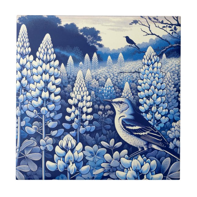 Texas Bluebonnets and Northern Mockingbird Texan   Ceramic Tile (Front)
