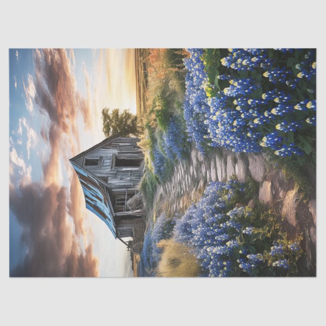 Texas Bluebonnets and Old Barn Decoupage Tissue Paper (Front)