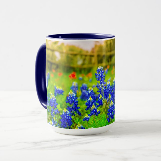 Texas Bluebonnets Country Fence Modern Landscape Mug (Front Left)
