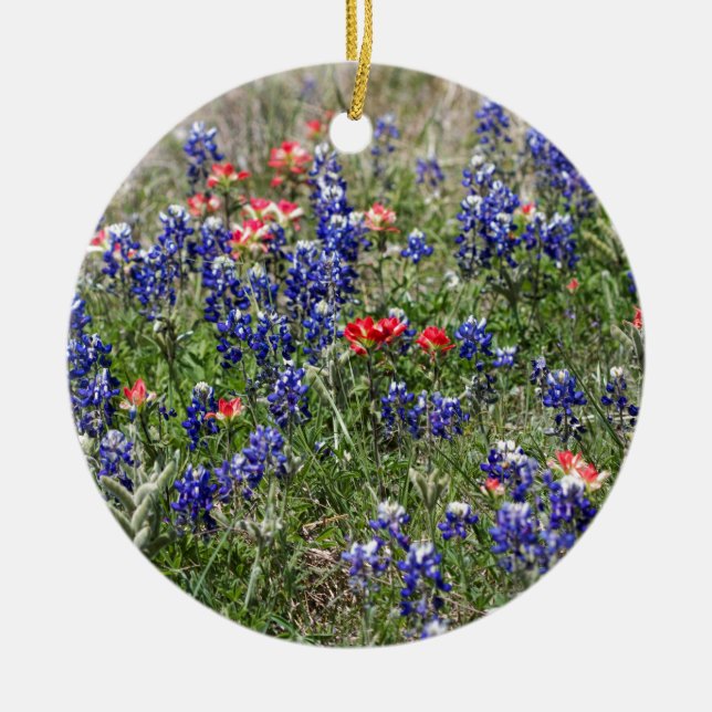 Texas Bluebonnets & Indian Paintbrush Wildflowers Ceramic Tree Decoration (Front)