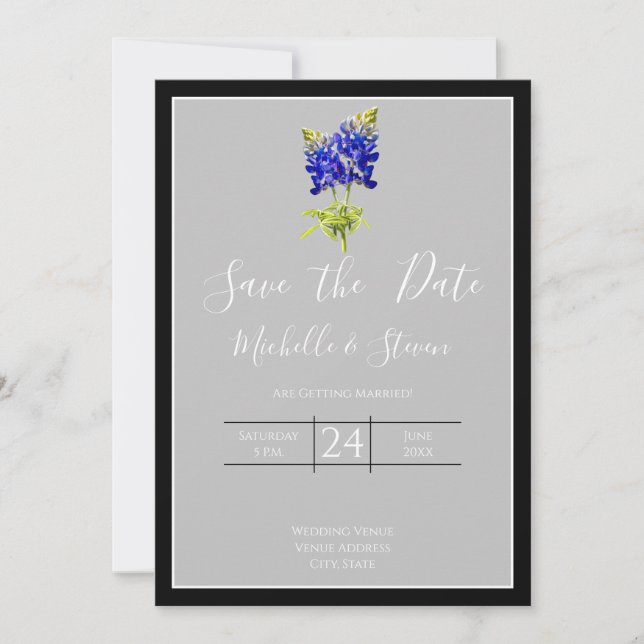Texas Bluebonnets on Light Grey, Spring, Save Date Invitation (Front)