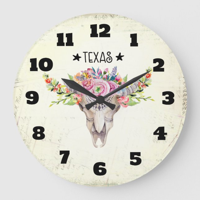 Texas Boho Cow Skull With Flowers Chic Trendy Large Clock (Front)