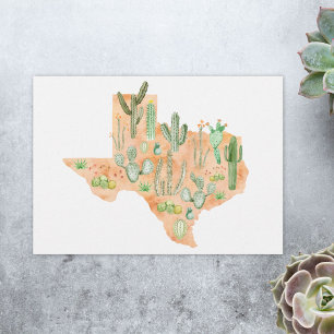 Texas Cactus Watercolor Illustration Map Flat Card