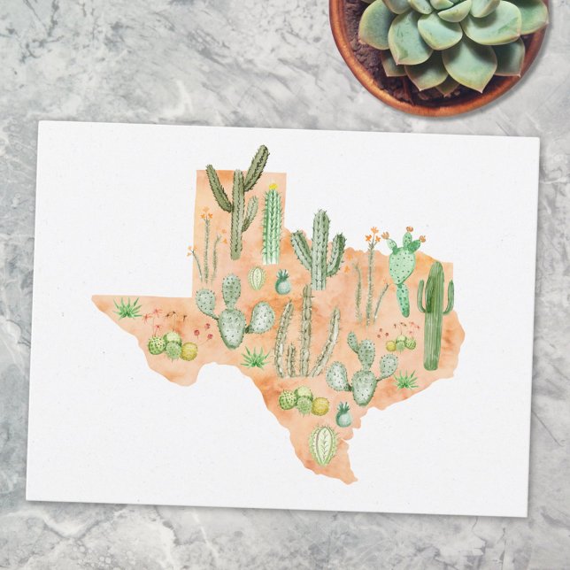 Texas Cactus Watercolor Illustration Map Postcard (Close up)