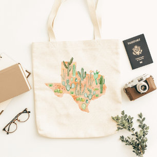 Texas Cactus Watercolor Illustration Map Tote Bag