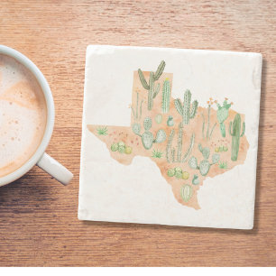 Texas Cactus Watercolor Illustration Map Travel Stone Coaster