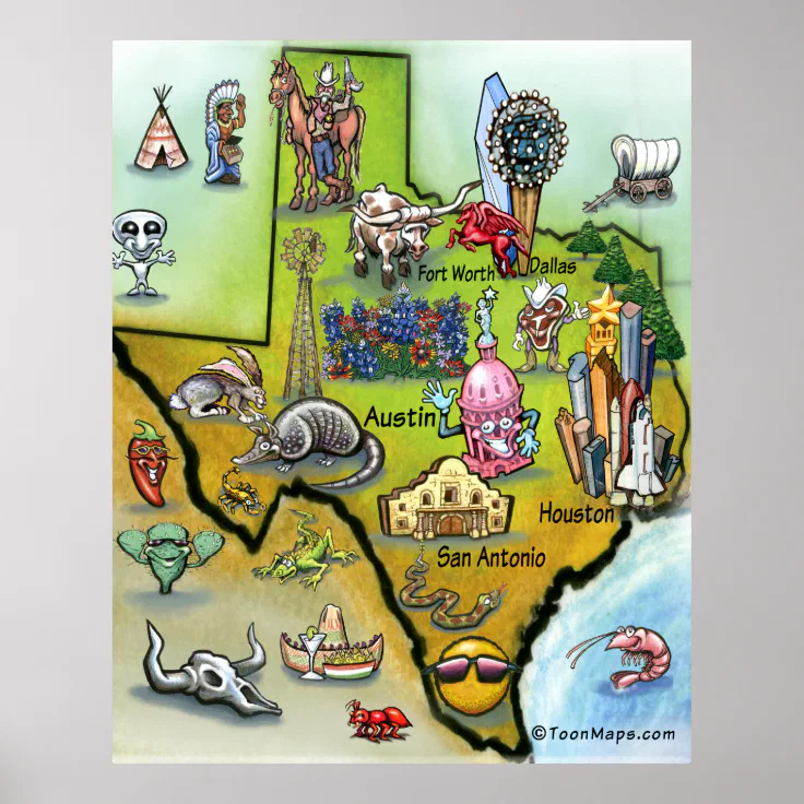 Texas Cartoon Map Poster | Zazzle