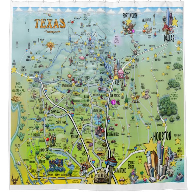 Texas Cartoon Map Shower Curtain (Front)