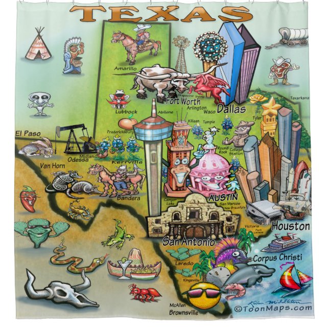 Texas Cartoon Map Shower Curtain (Front)