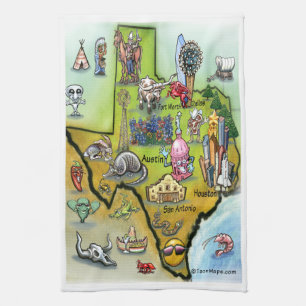 Texas Cartoon Map Tea Towel