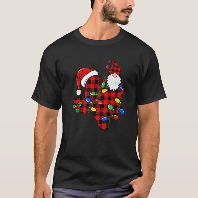 Texas Christmas Lights Gnome Buffalo Plaid Xmas Gi T-Shirt (Front)