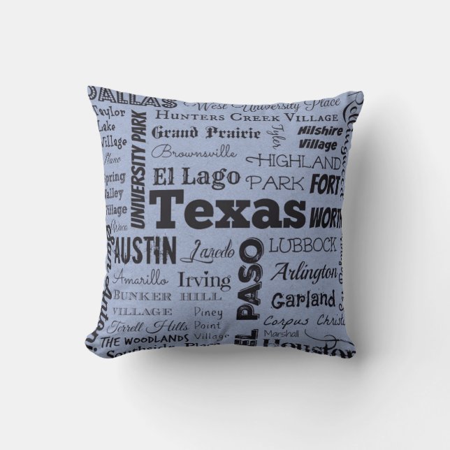 Texas Cities Typography throw pillow, blue Cushion (Front)