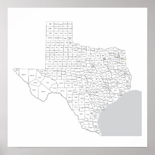 Texas Counties Map with county names Poster