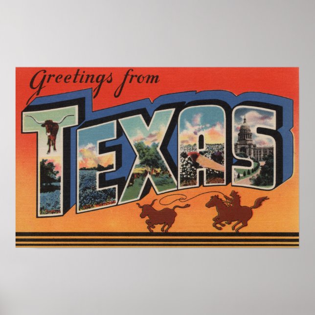 Texas (Cowboy Roping Bull)Large Letter Scenes Poster (Front)