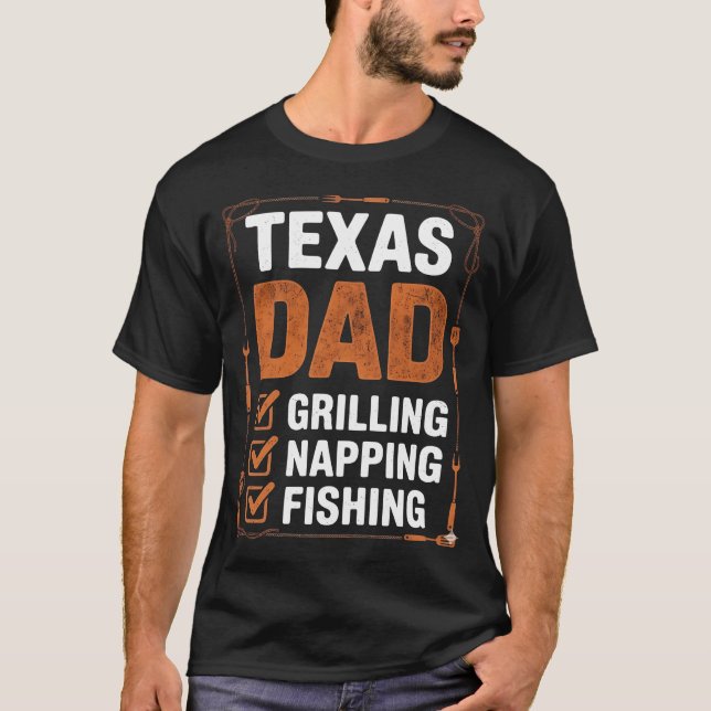 Texas Dad Grilling Napping Fishing Checklist Funny T-Shirt (Front)