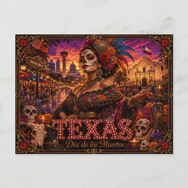 Texas Día de los Muertos Retro Postcard (Front)
