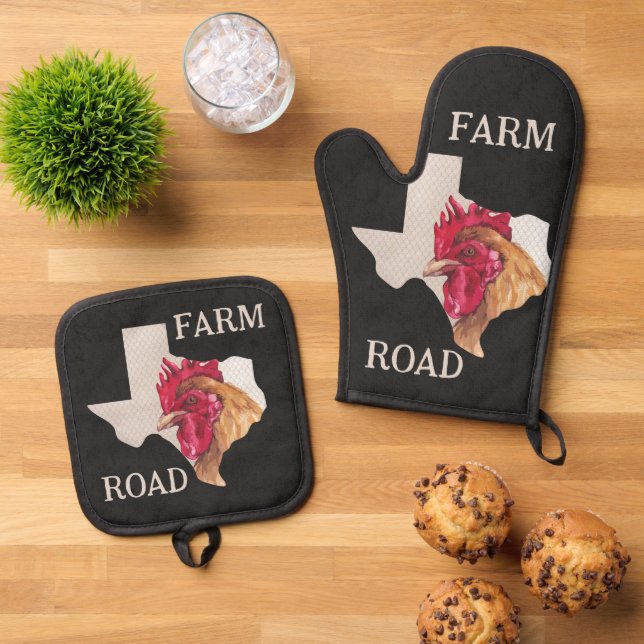 Texas Farm Road Chicken Oven Mitt & Pot Holder Set (Top Down)