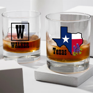 Texas Flag & Flower Bluebonnet with Custom Name Whiskey Glass