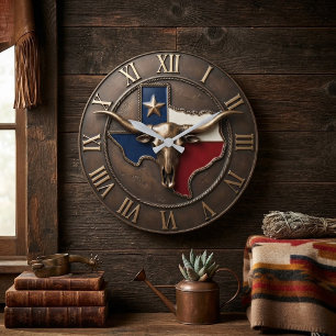 Texas Flag Longhorn Skull Bronze Large Clock