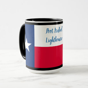 Texas Flag & Port Isabel Lighthouse on black Mug