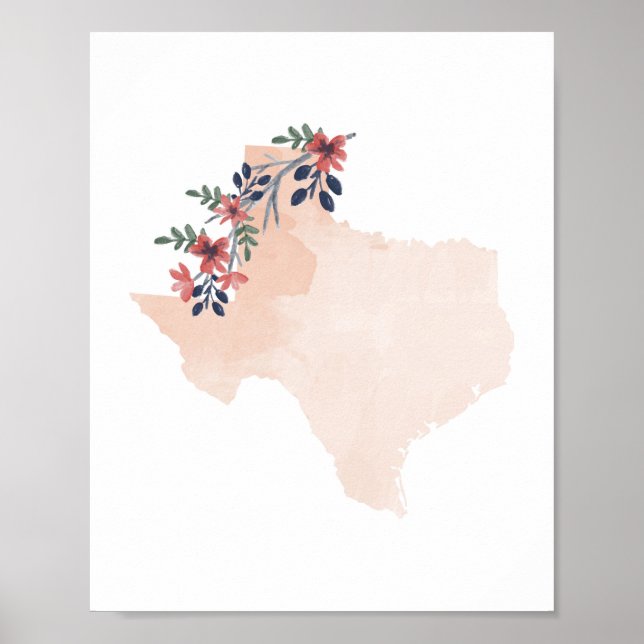 Texas Floral Watercolor State Poster (Front)