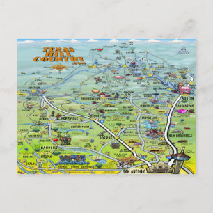 Texas Hill Country Cartoon Map Postcard