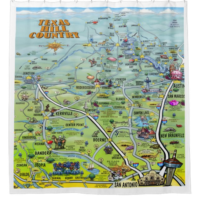 Texas Hill Country Cartoon Map Shower Curtain (Front)