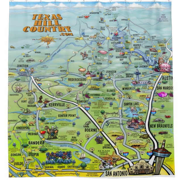 Texas Hill Country Cartoon Map Shower Curtain (Front)