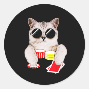 Texas Holdem Poker Cat Classic Round Sticker