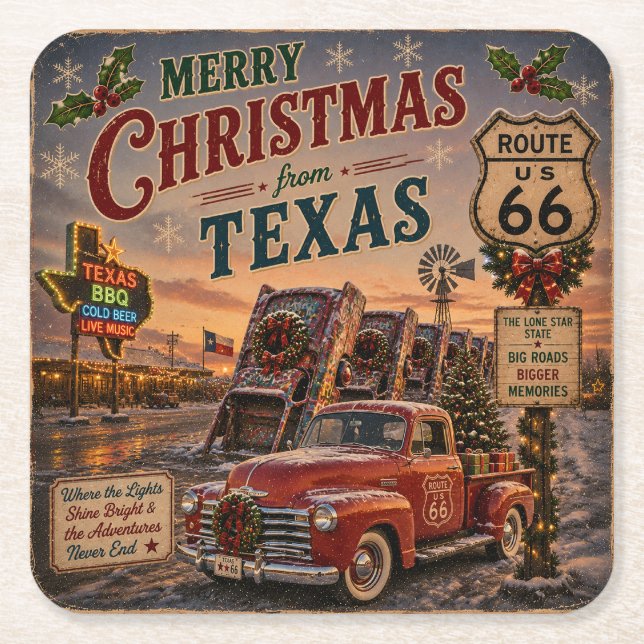 Texas Holiday Table Tradition Route 66 Square Paper Coaster (Front)