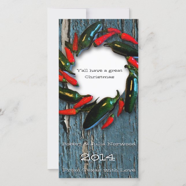 Texas Hot Pepper Wreath Blue Wood Christmas Card (Front)